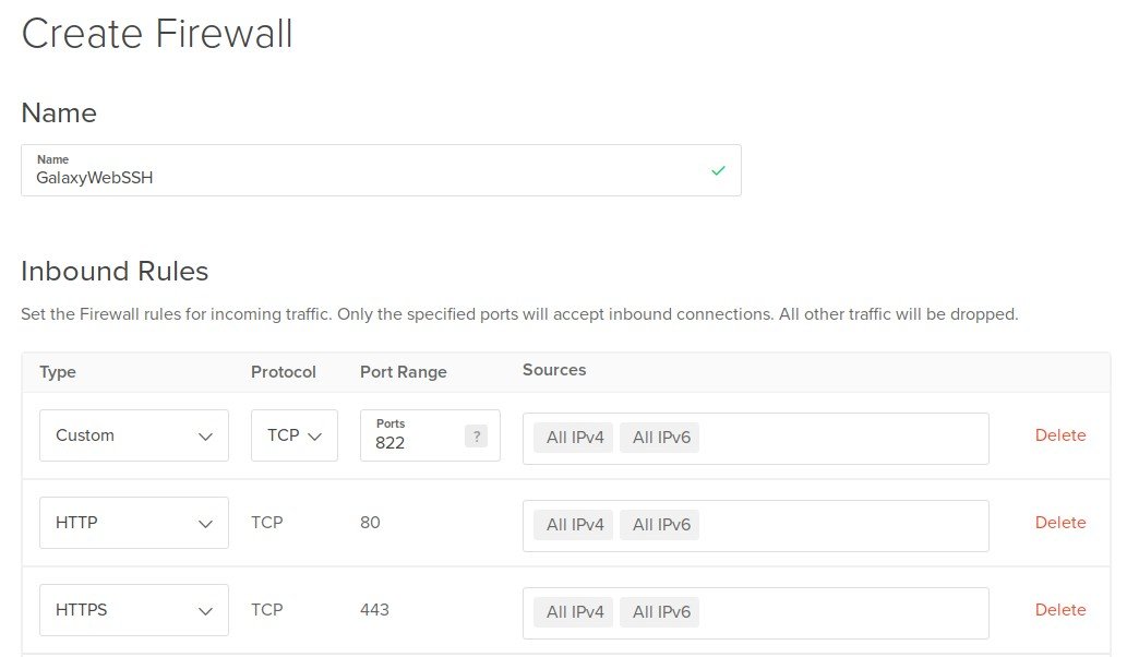 DigitalOcean Cloud Firewall rules to allow acccess to SSH, HTTP and HTTPS
